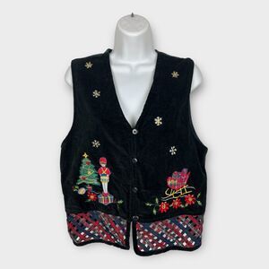 Casey & Max Black Velvet Green Plaid Woven Embroidered Christmas Vest Medium